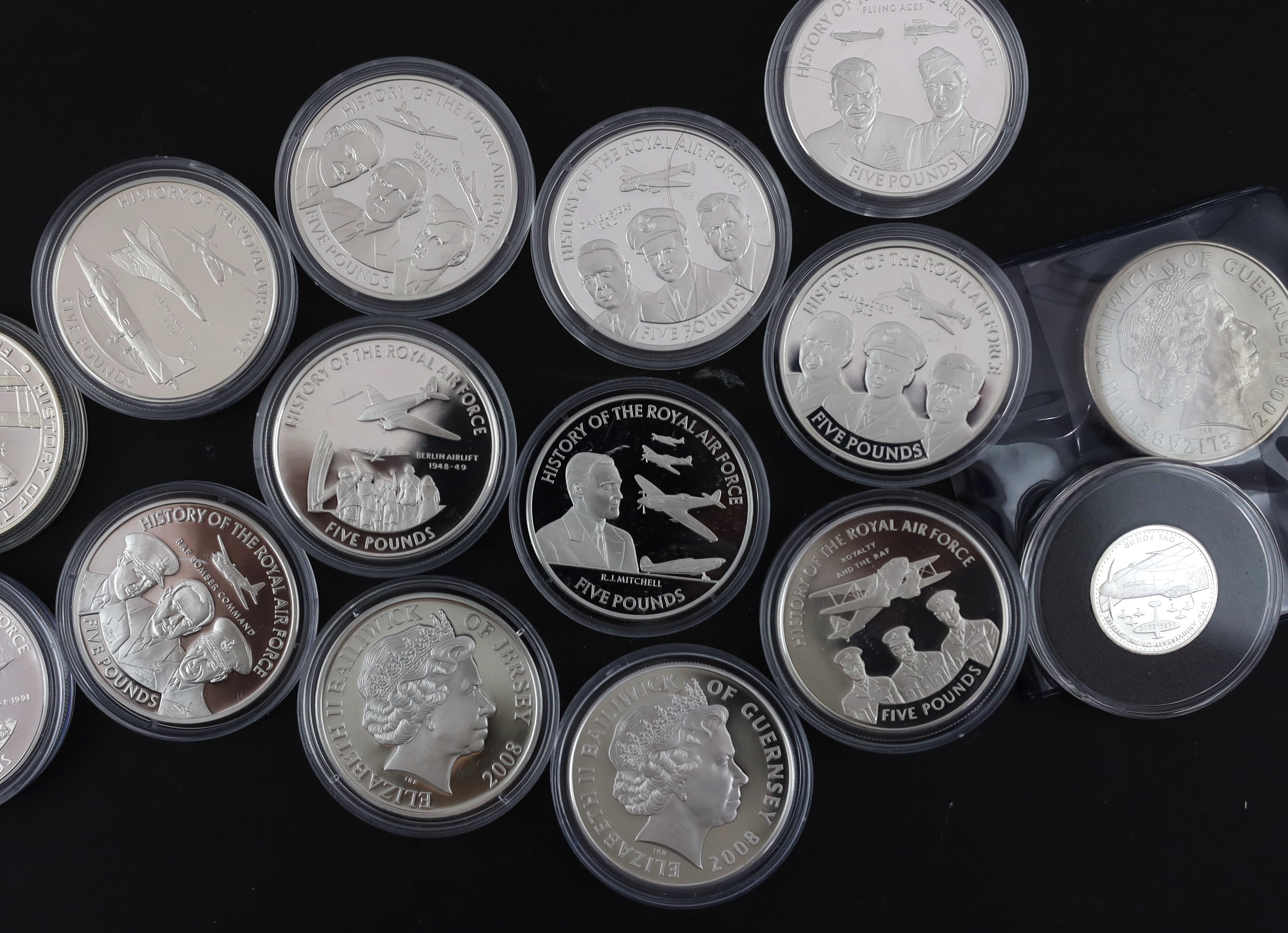 Bailiwick of Jersey and Guernsey coins, Elizabeth II, 13 History of the RAF proof silver £5 coins, 2008, a similar cupronickel coin and a Tristan da Cunha proof silver 80th anniversary Spitfire £1 coin (15)